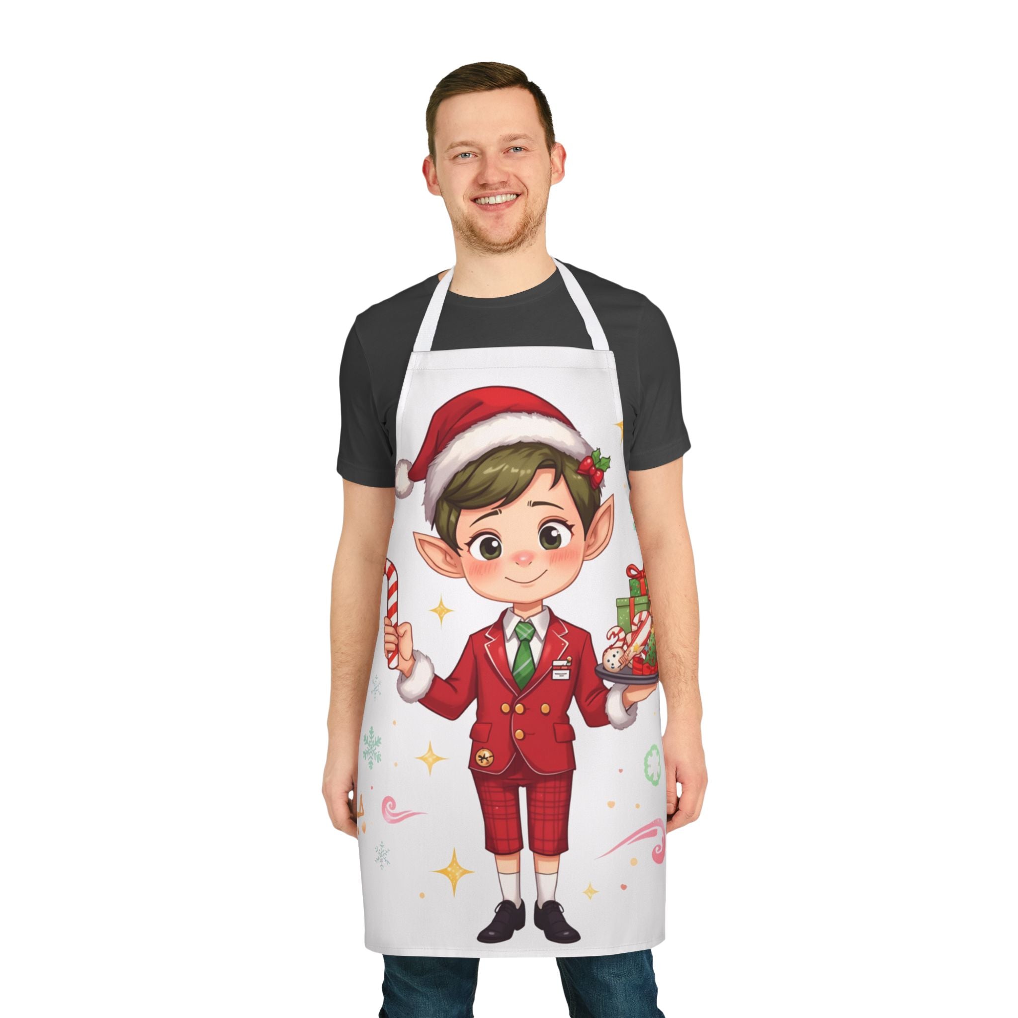 Christmas Elf Apron — Cute Holiday Baking Apron with Candy Cane & Gift Design