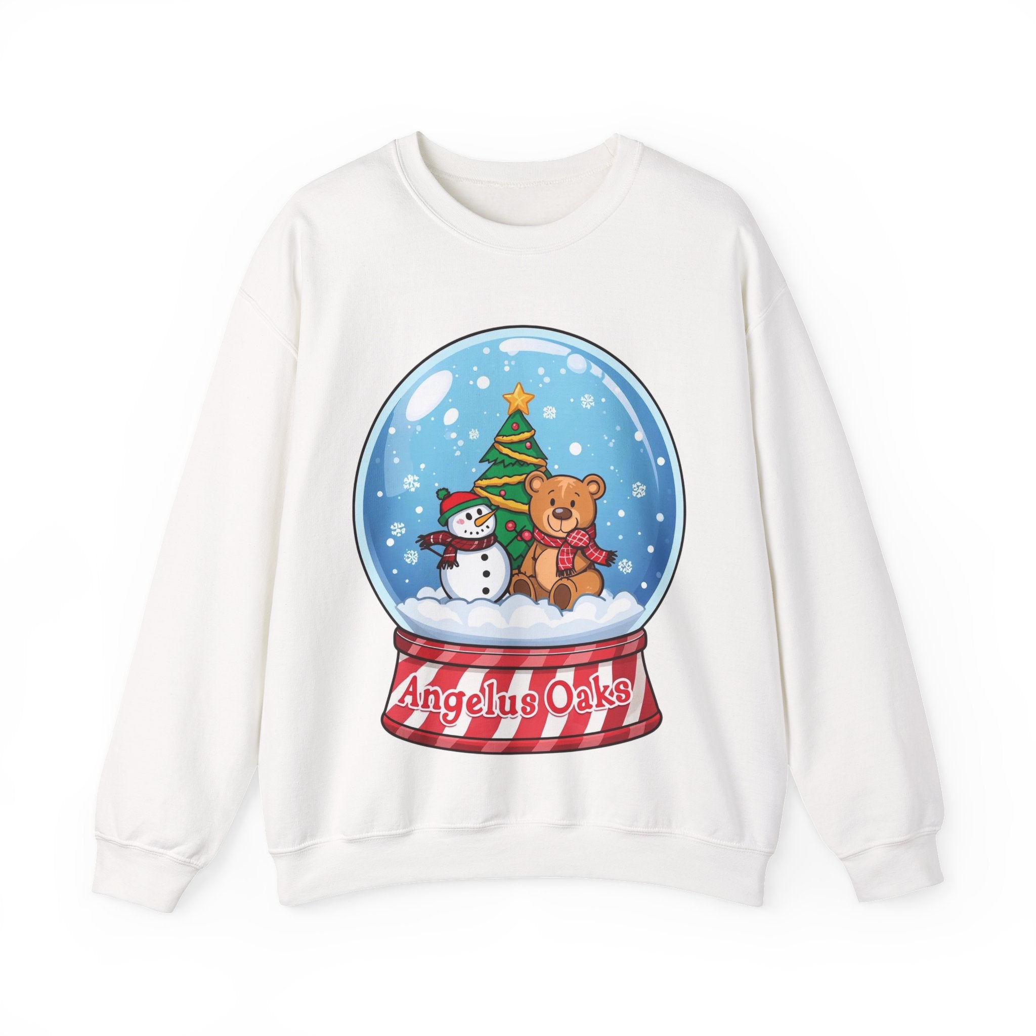 Angelus Oaks Christmas Sweatshirt – Snow Globe Bear & Snowman Crewneck | Cozy Mountain Town Holiday Sweater | Gildan 18000