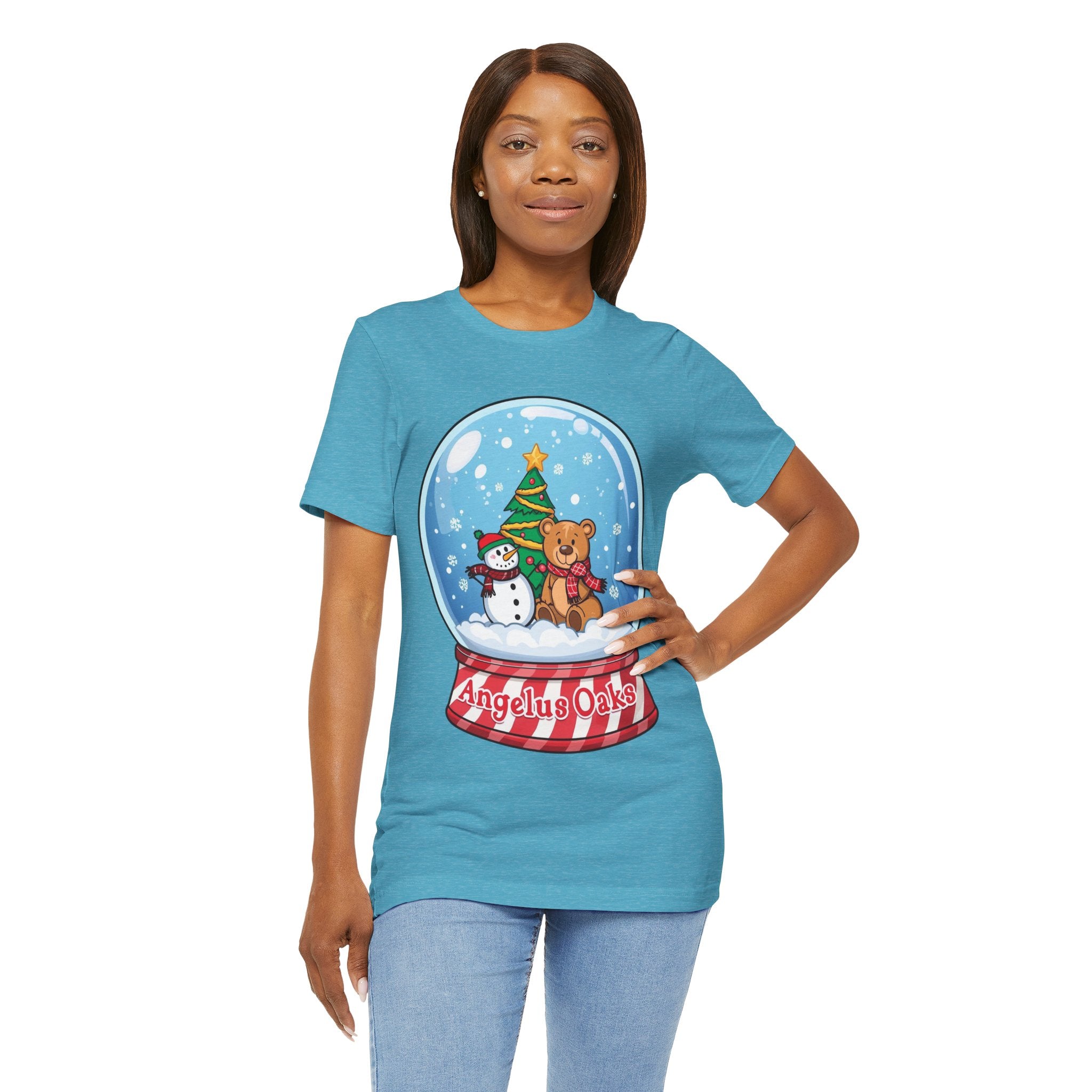 Angelus Oaks Christmas Shirt – Snow Globe Bear & Snowman Holiday Tee | Cute Mountain Town Christmas Shirt | Bella Canvas 3001