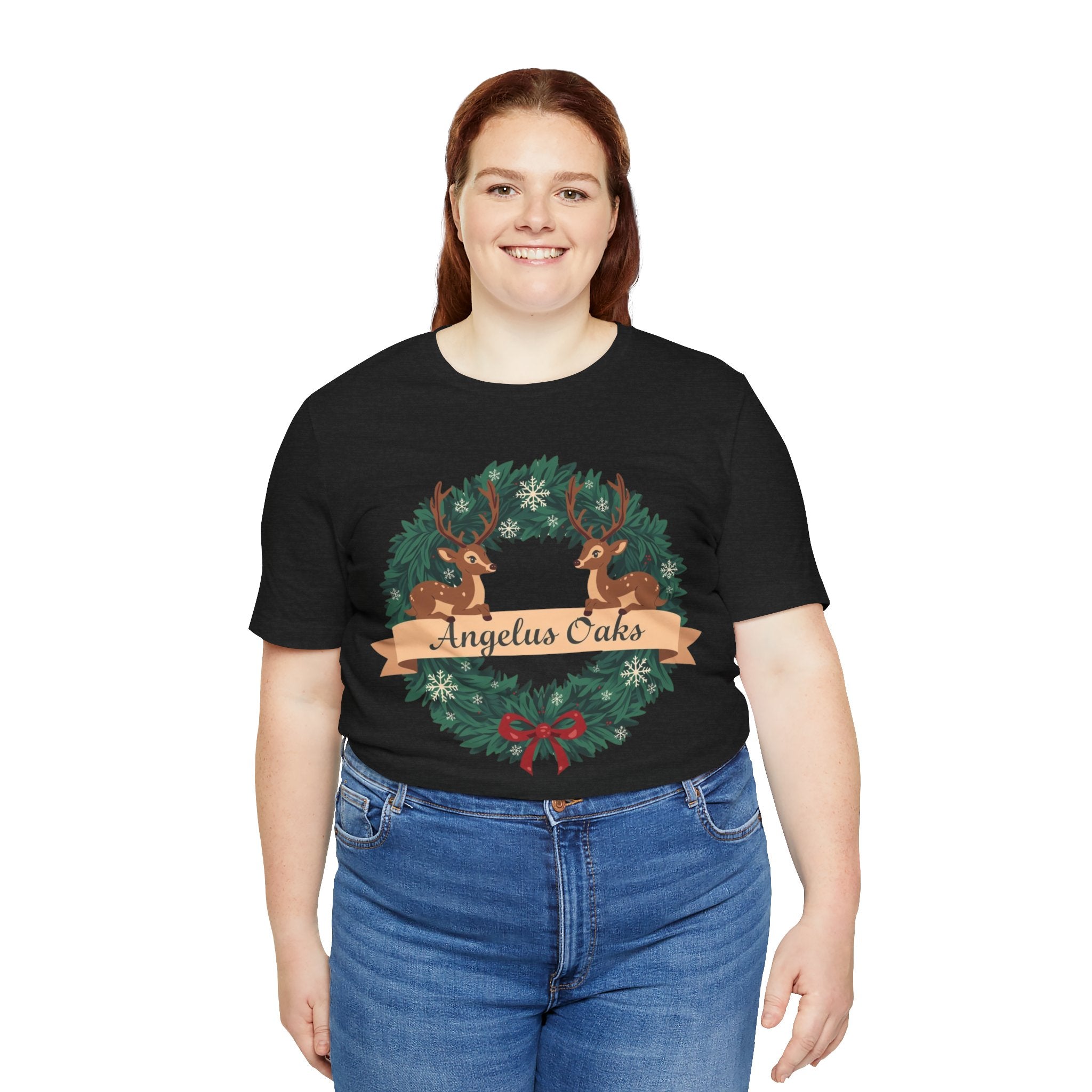 Angelus Oaks Christmas Shirt – Deer Wreath Holiday Tee | Mountain Town Christmas Shirt | Bella Canvas 3001