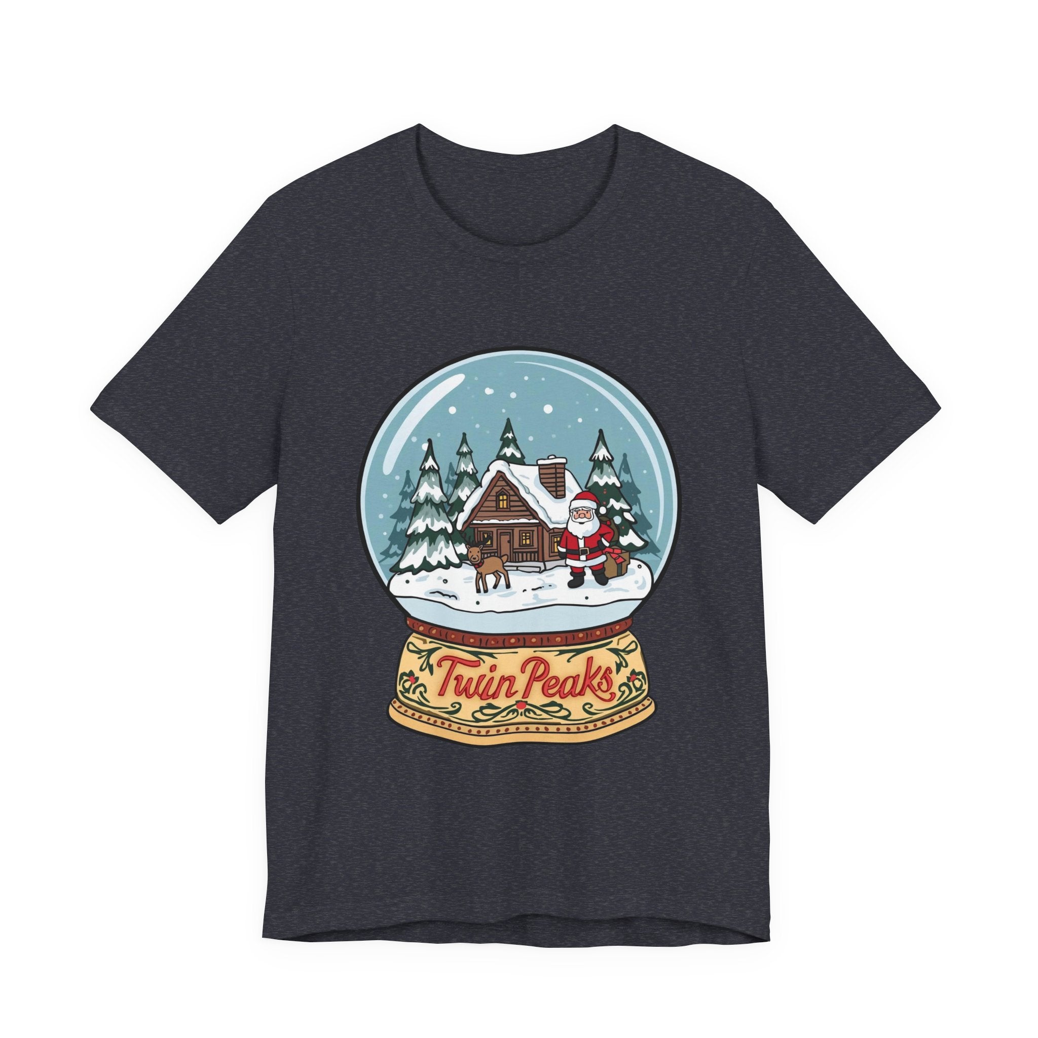 Twin Peaks Christmas Shirt – Snow Globe Santa & Cabin Scene Tee | Mountain Town Christmas Gift | Bella Canvas 3001