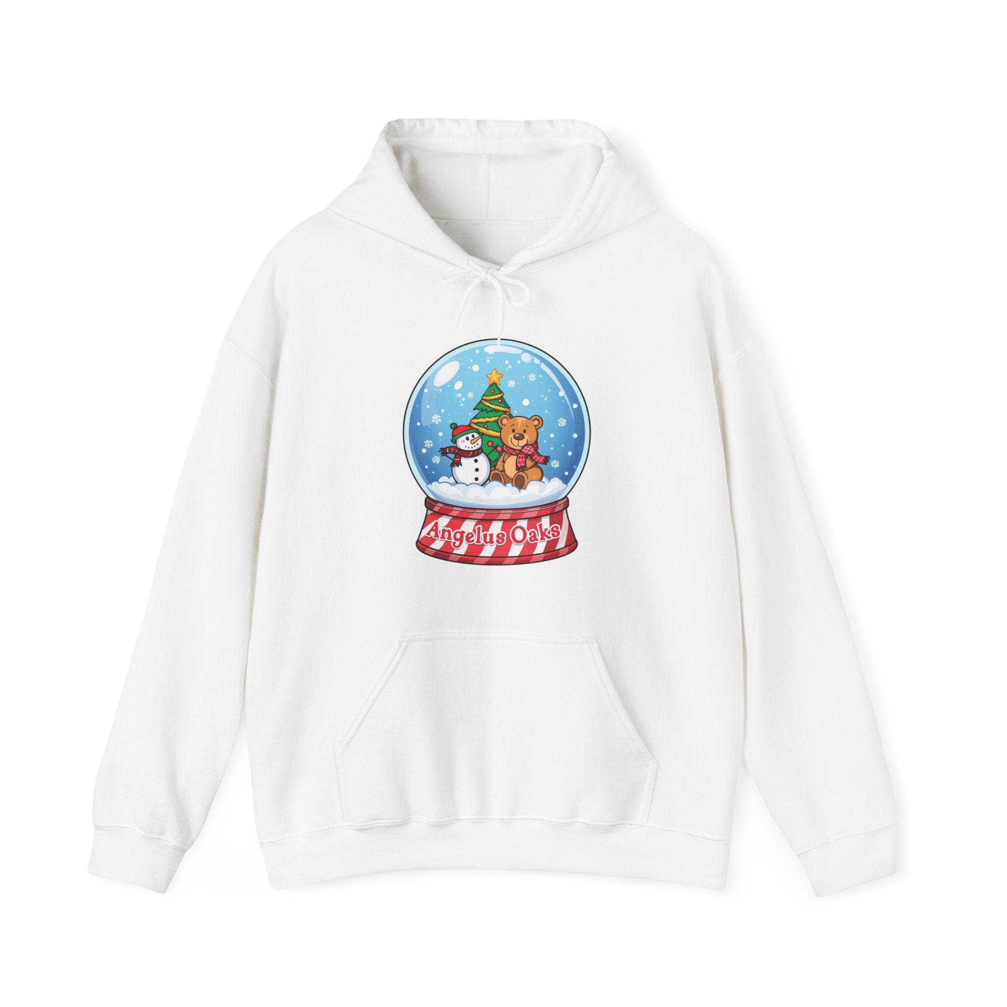 Angelus Oaks Christmas Hoodie – Snow Globe Bear & Snowman Holiday Hoodie | Cozy Mountain Town Christmas Sweater | Gildan 18500