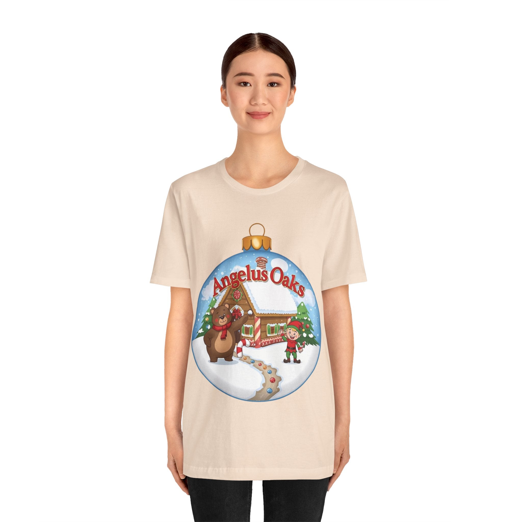 Angelus Oaks Christmas Shirt – Bear & Elf Gingerbread Holiday Tee | Cute Mountain Town Christmas Shirt | Bella Canvas 3001