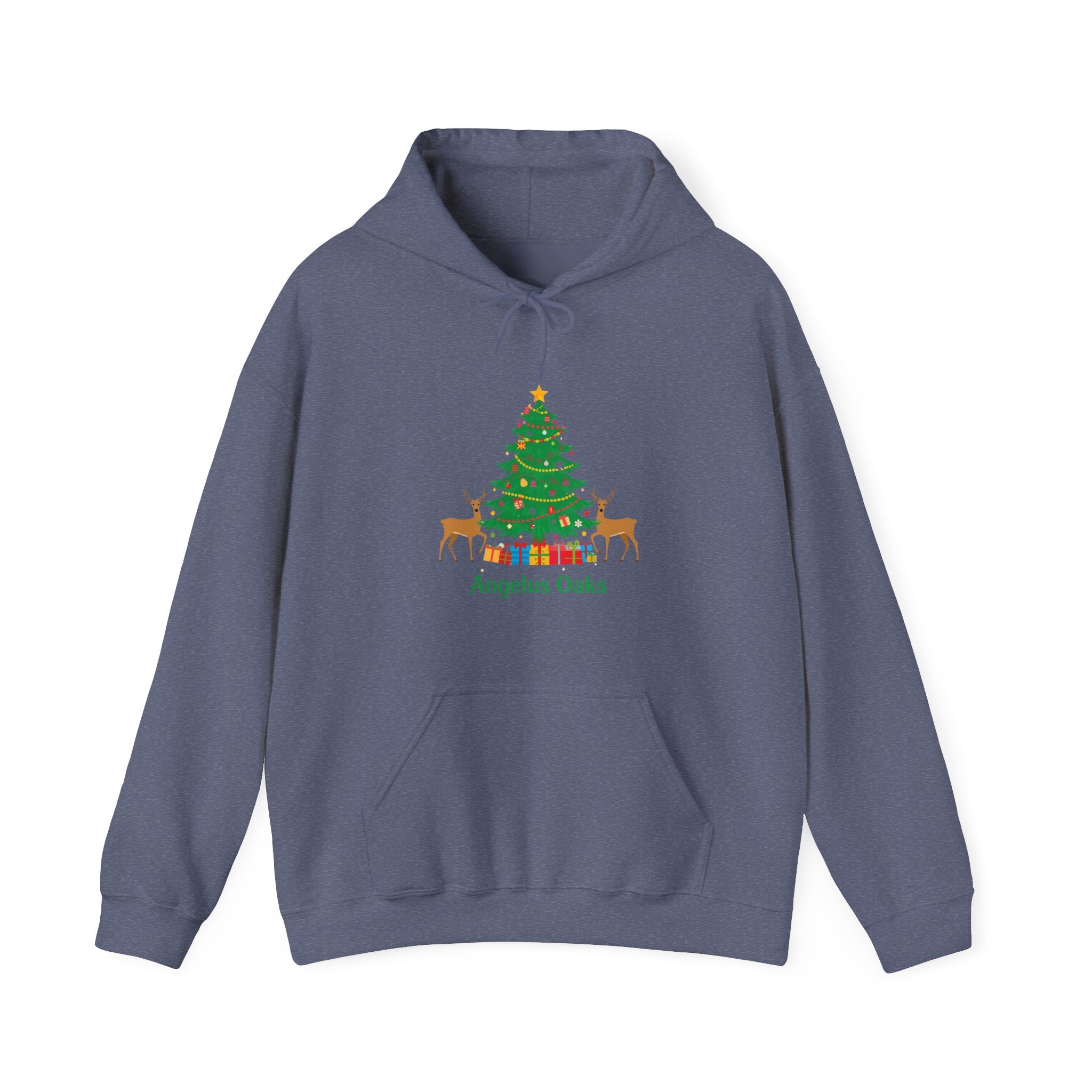 Angelus Oaks Christmas Hoodie – Christmas Tree & Deer Holiday Hoodie | Cozy Mountain Town Christmas Sweater | Gildan 18500