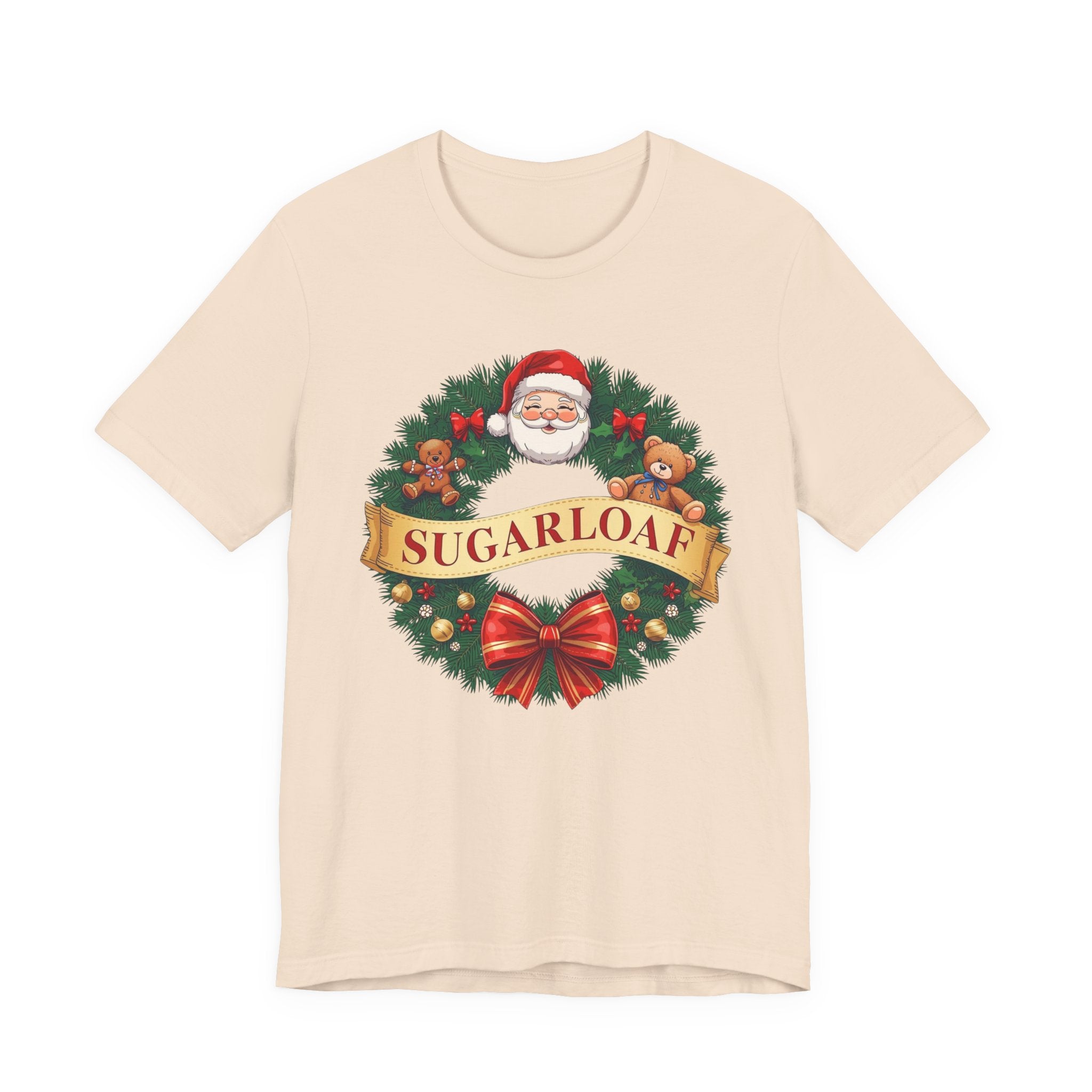 Sugarloaf Christmas Shirt – Santa & Teddy Bear Wreath Tee | Mountain Town Christmas Gift | Bella Canvas 3001