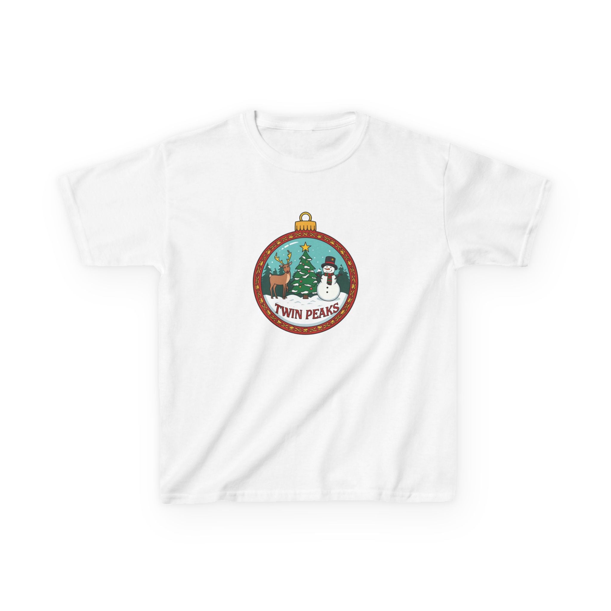 Twin Peaks Christmas Shirt – Snowman & Deer Ornament Scene Tee | Mountain Town Christmas Gift | Gildan 5000B