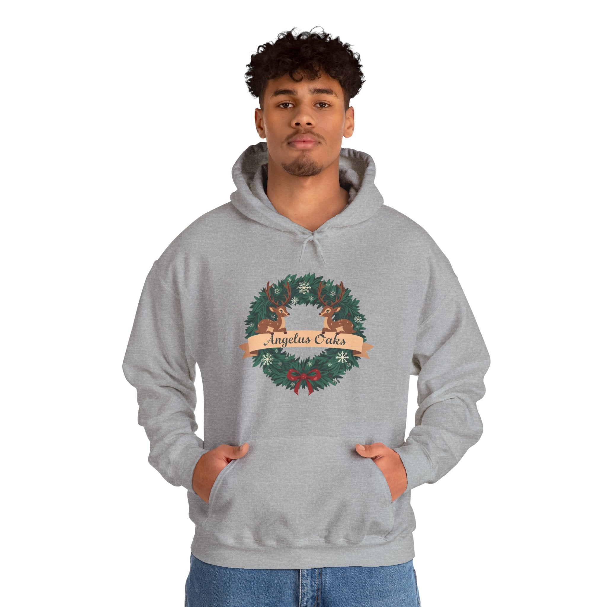 Angelus Oaks Christmas Hoodie – Deer Wreath Holiday Hoodie | Cozy Mountain Town Christmas Sweater | Gildan 18500