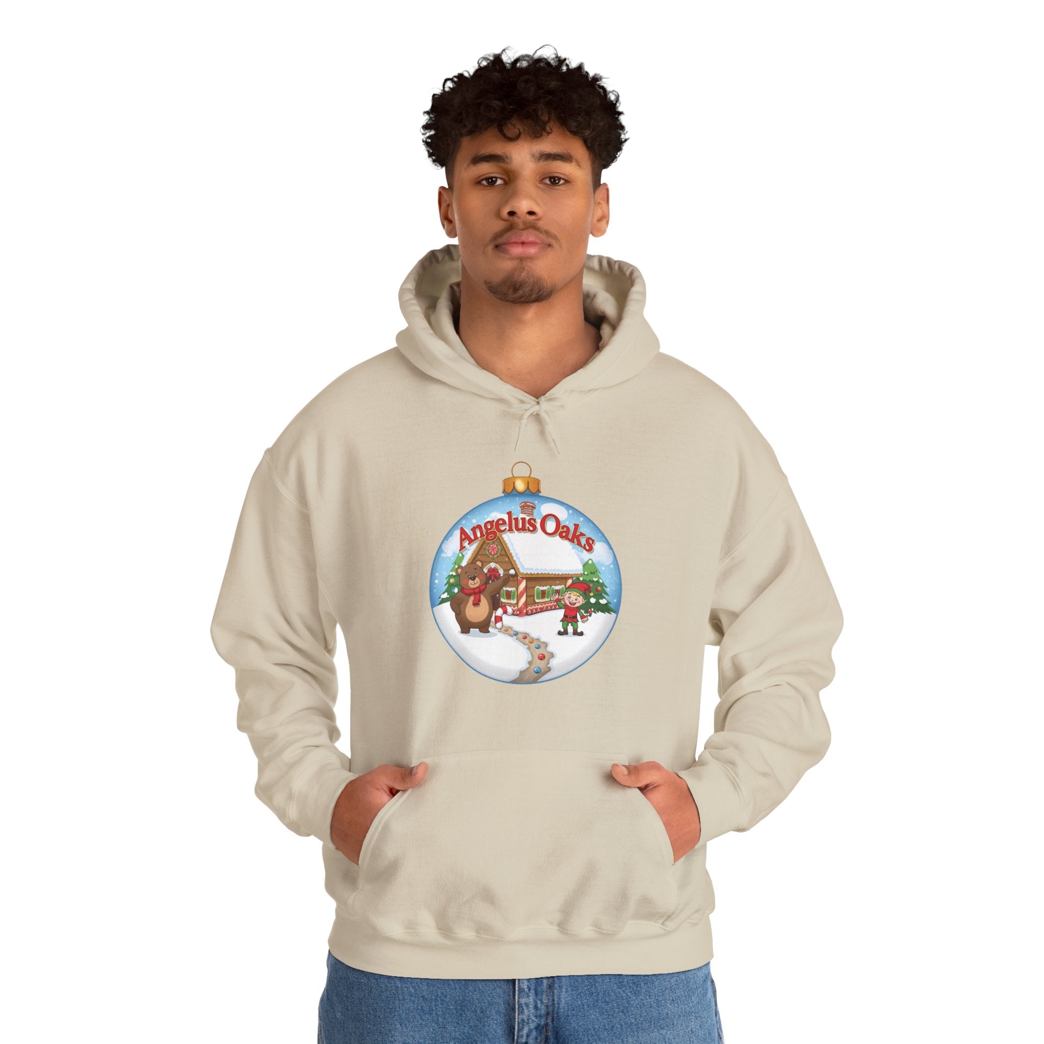 Angelus Oaks Christmas Hoodie – Bear & Elf Gingerbread Holiday Hoodie | Cute Mountain Town Christmas Sweater | Gildan 18500