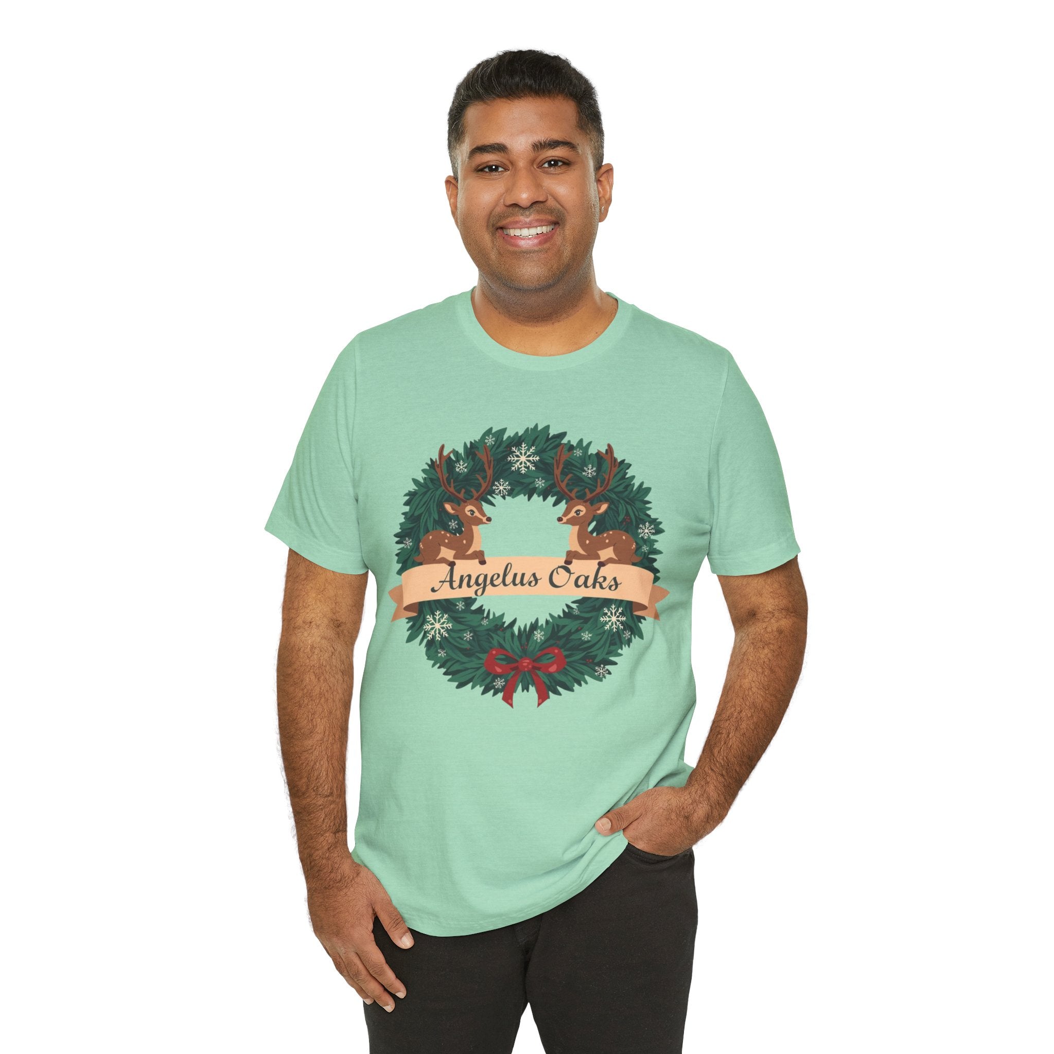 Angelus Oaks Christmas Shirt – Deer Wreath Holiday Tee | Mountain Town Christmas Shirt | Bella Canvas 3001