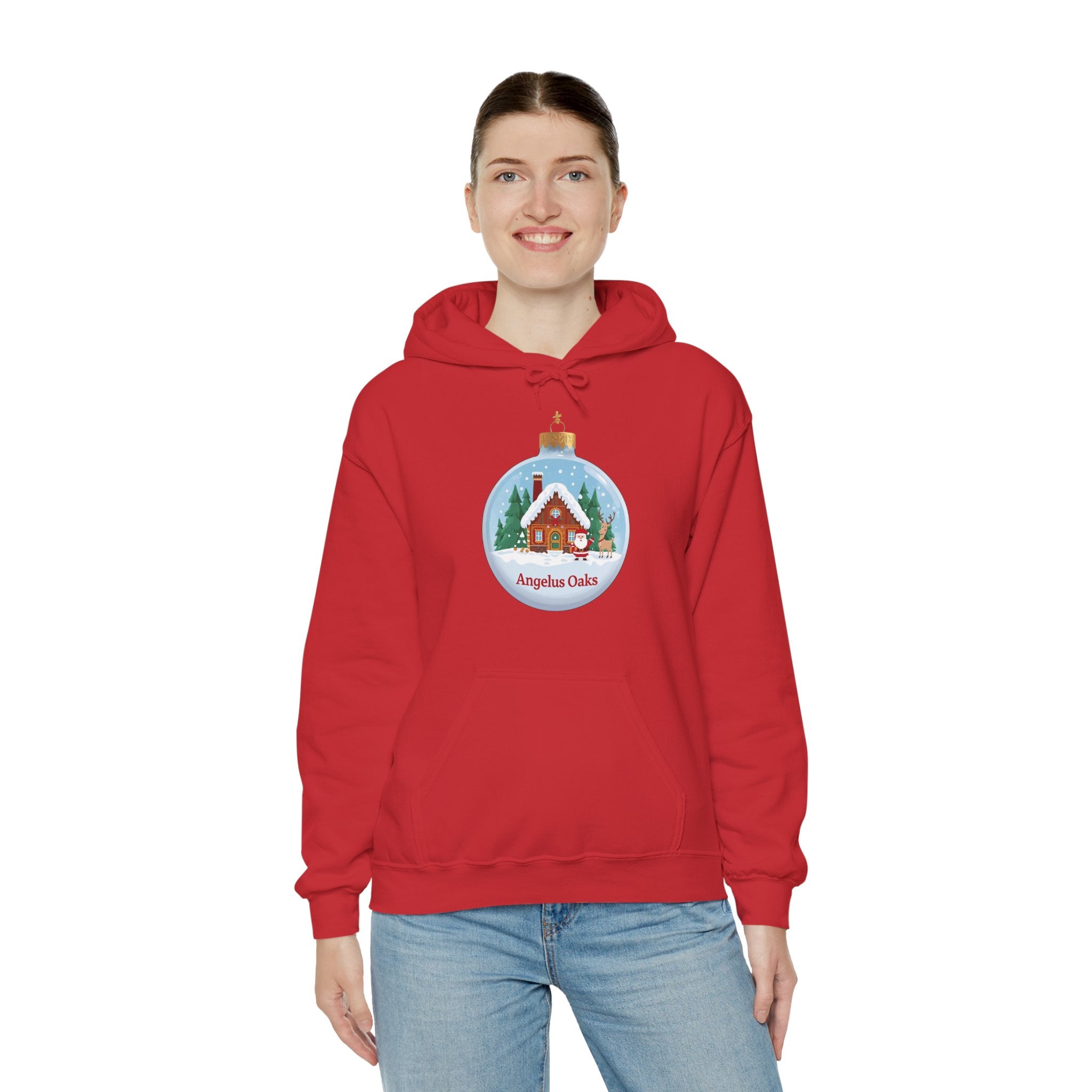 Angelus Oaks Christmas Hoodie – Santa & Reindeer Cabin Ornament Hoodie | Cozy Mountain Town Christmas Sweater | Gildan 18500