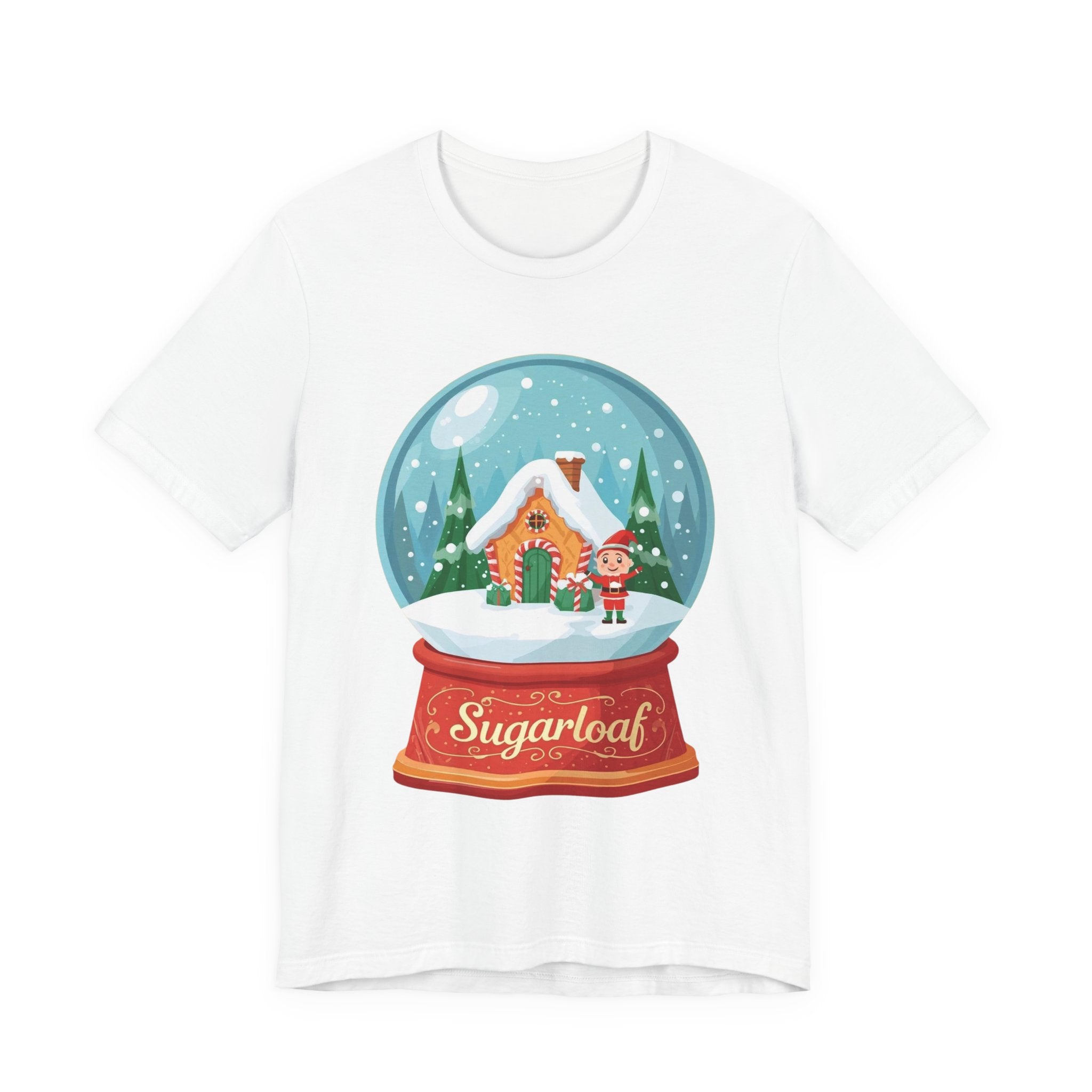 Sugarloaf Christmas Shirt – Snow Globe Elf & Candy Cottage Scene Tee | Mountain Town Christmas Gift | Bella Canvas 3001