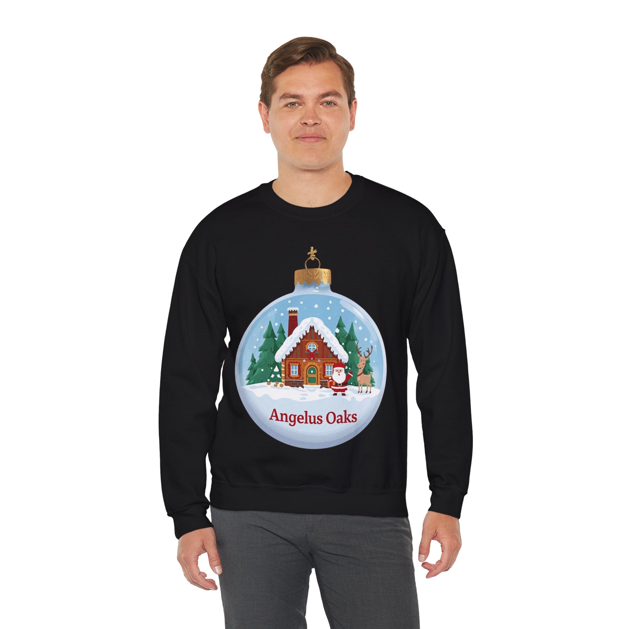 Angelus Oaks Christmas Sweatshirt – Santa & Reindeer Cabin Ornament Crewneck | Mountain Town Holiday Sweater | Gildan 18000