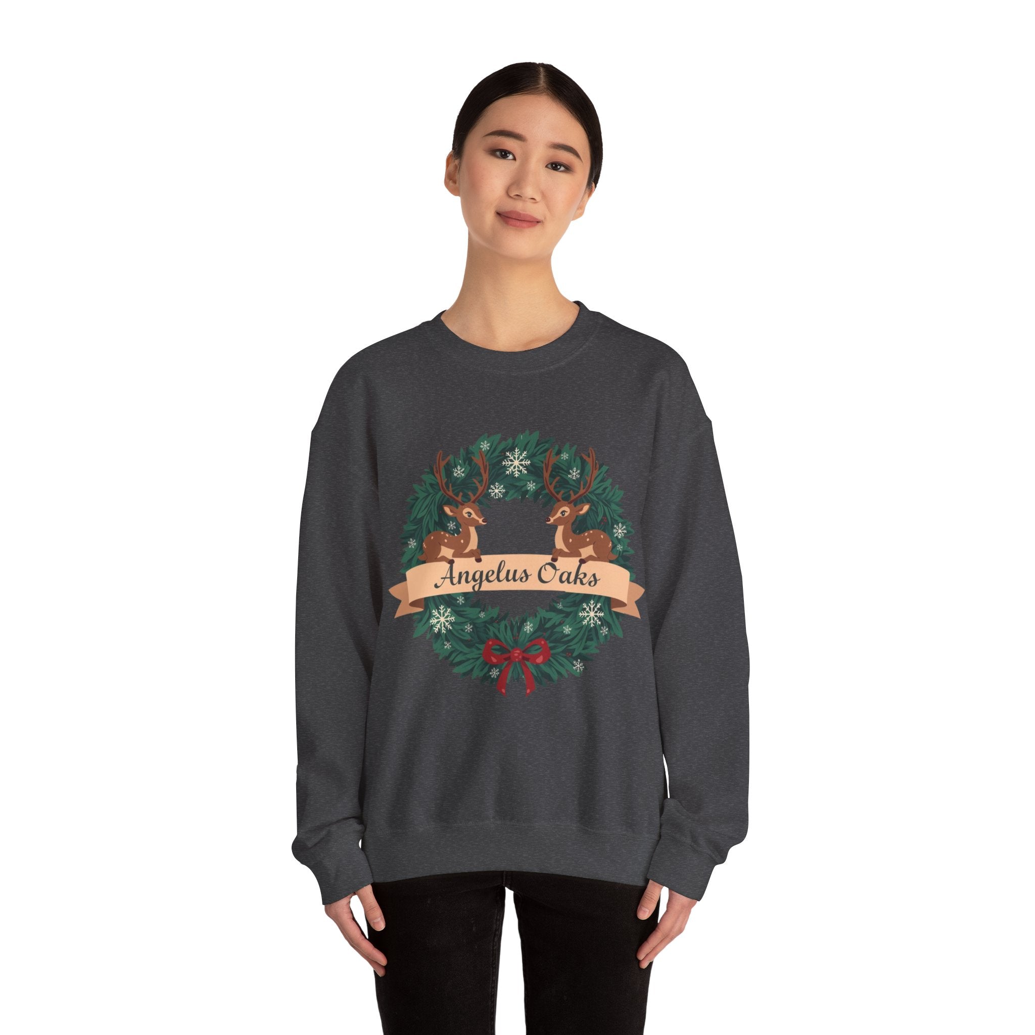 Angelus Oaks Christmas Sweatshirt – Deer Wreath Holiday Crewneck | Cozy Mountain Town Christmas Sweater | Gildan 18000