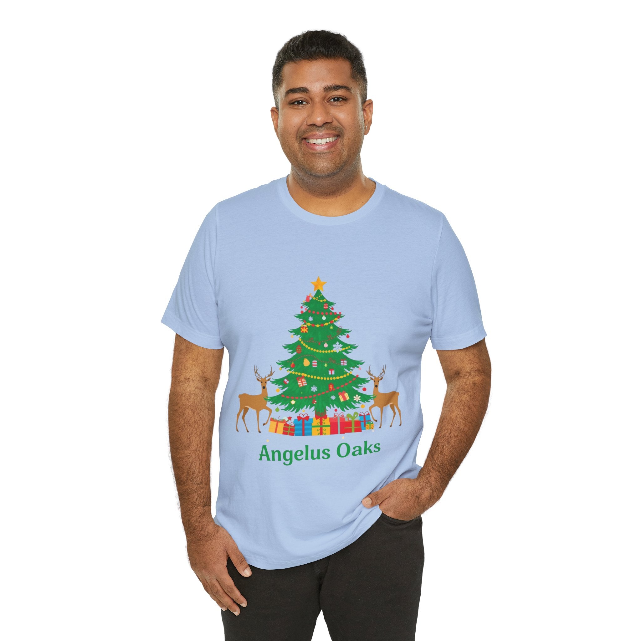 Angelus Oaks Christmas Shirt – Christmas Tree & Deer Holiday Tee | Mountain Town Christmas Shirt | Bella Canvas 3001
