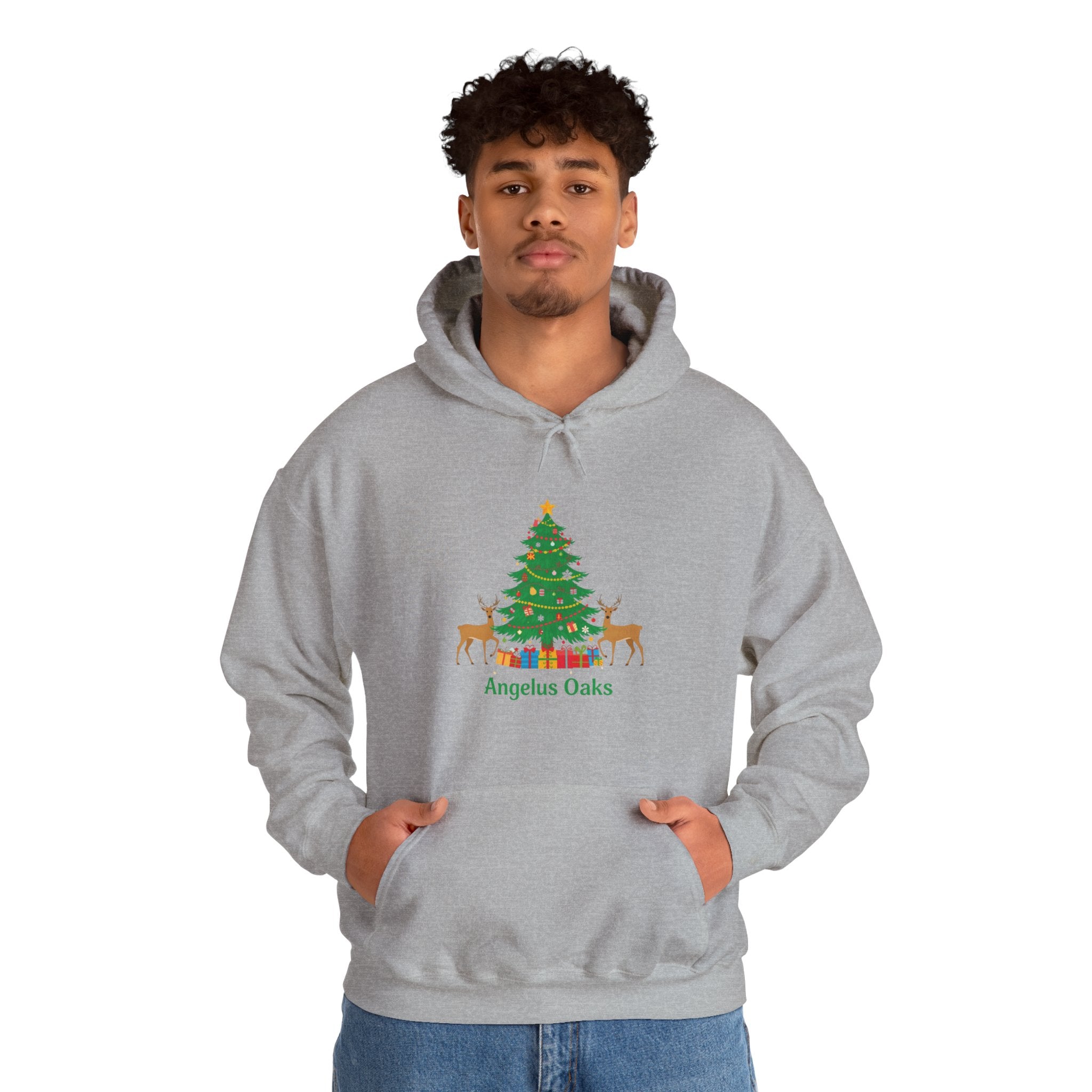 Angelus Oaks Christmas Hoodie – Christmas Tree & Deer Holiday Hoodie | Cozy Mountain Town Christmas Sweater | Gildan 18500