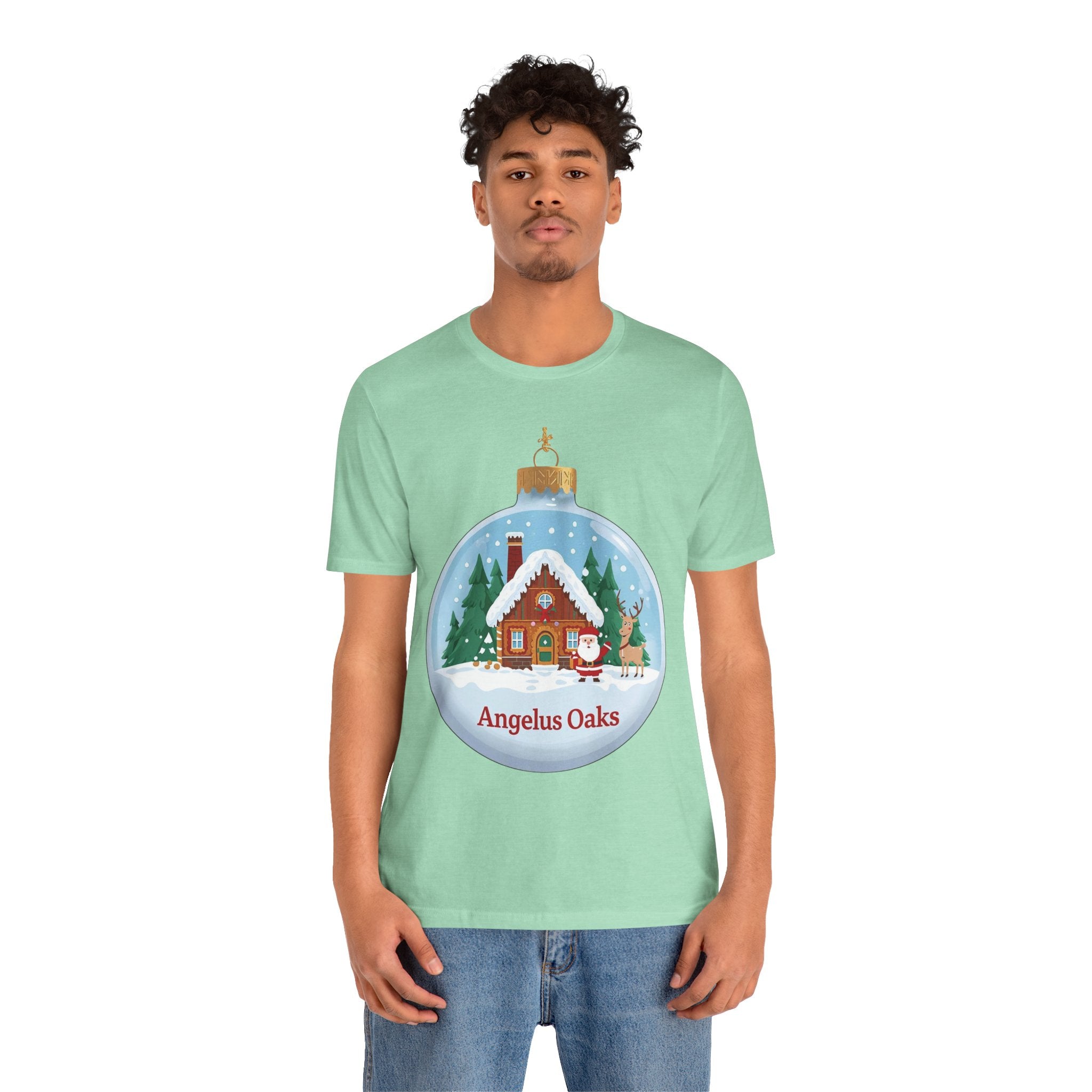 Angelus Oaks Christmas Shirt – Santa & Reindeer Cabin Ornament Tee | Mountain Town Holiday Shirt | Bella Canvas 3001
