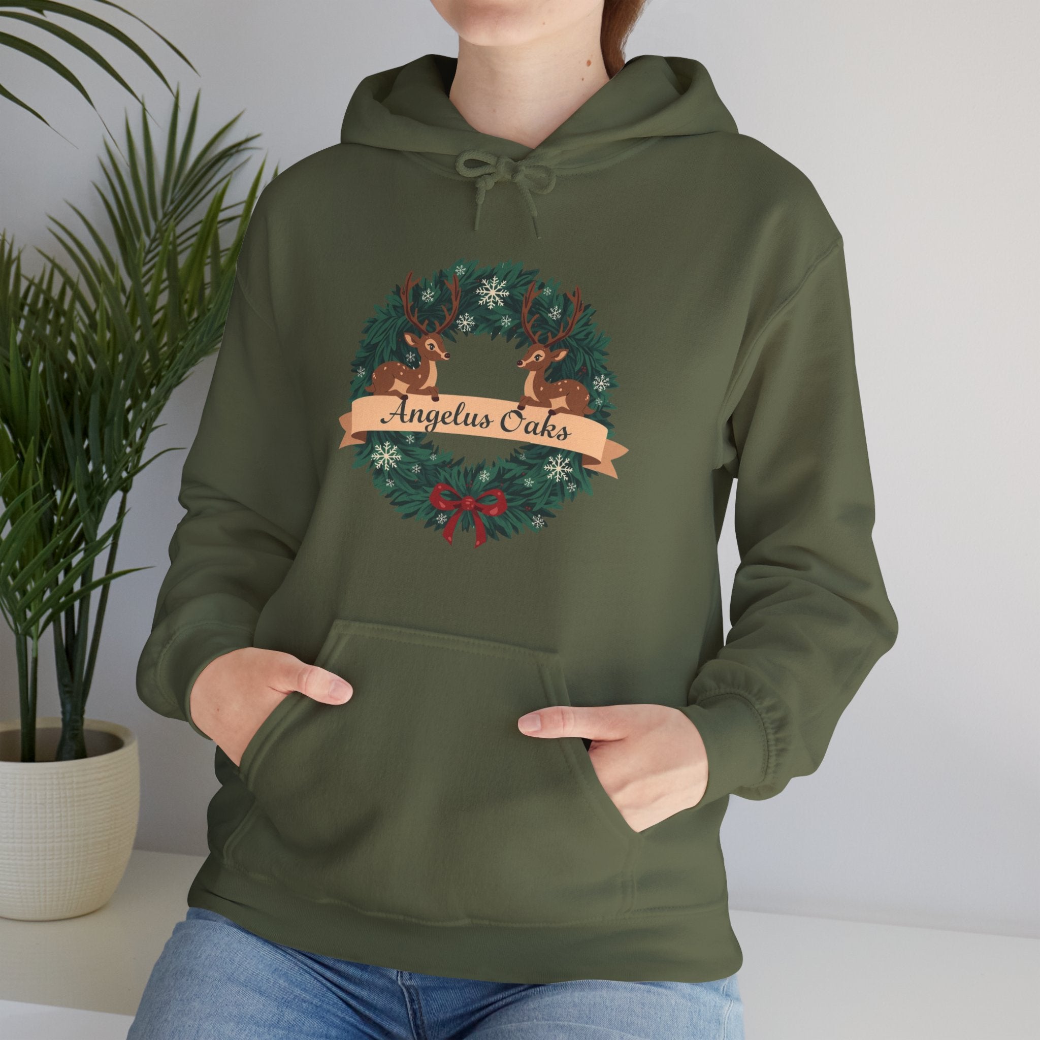 Angelus Oaks Christmas Hoodie – Deer Wreath Holiday Hoodie | Cozy Mountain Town Christmas Sweater | Gildan 18500