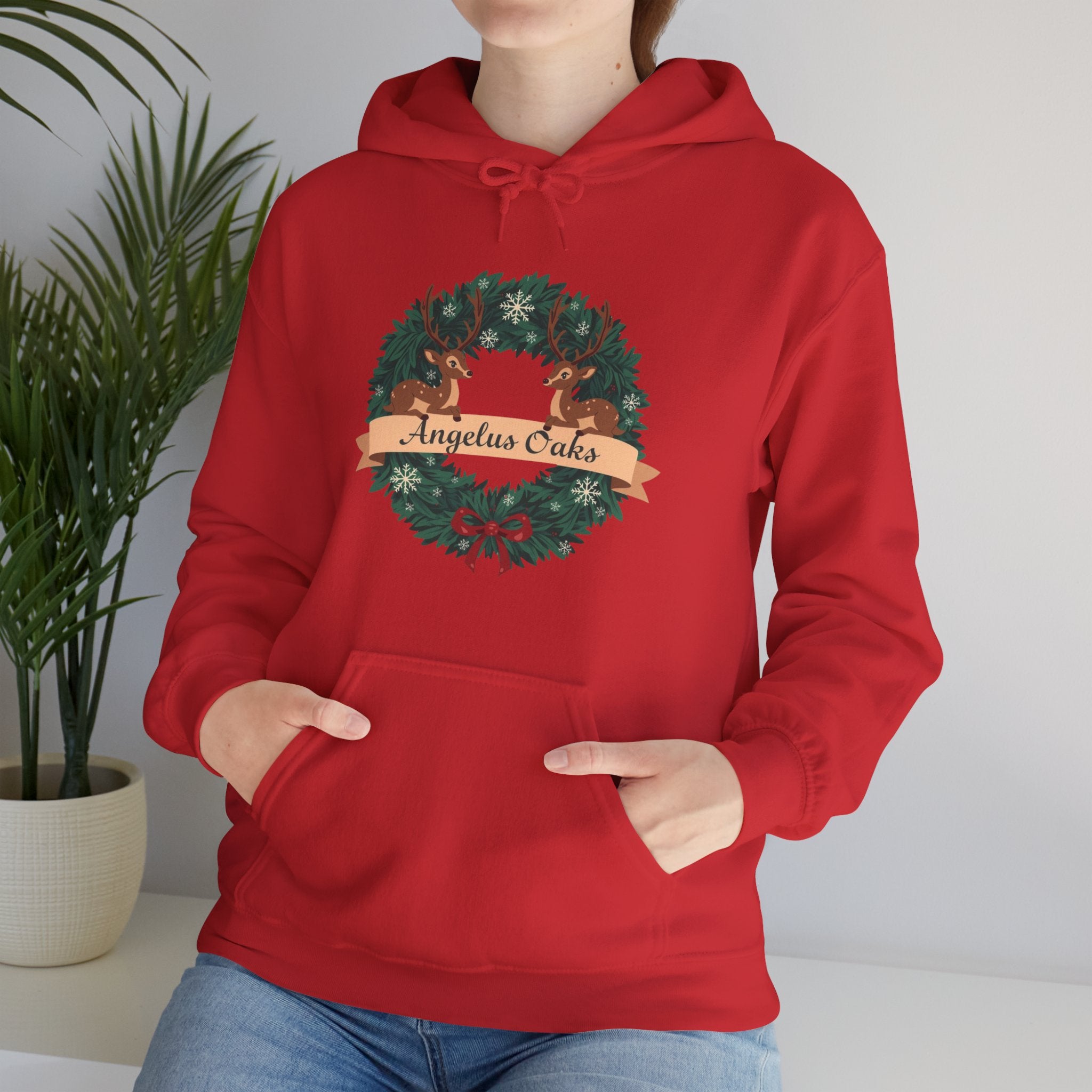 Angelus Oaks Christmas Hoodie – Deer Wreath Holiday Hoodie | Cozy Mountain Town Christmas Sweater | Gildan 18500
