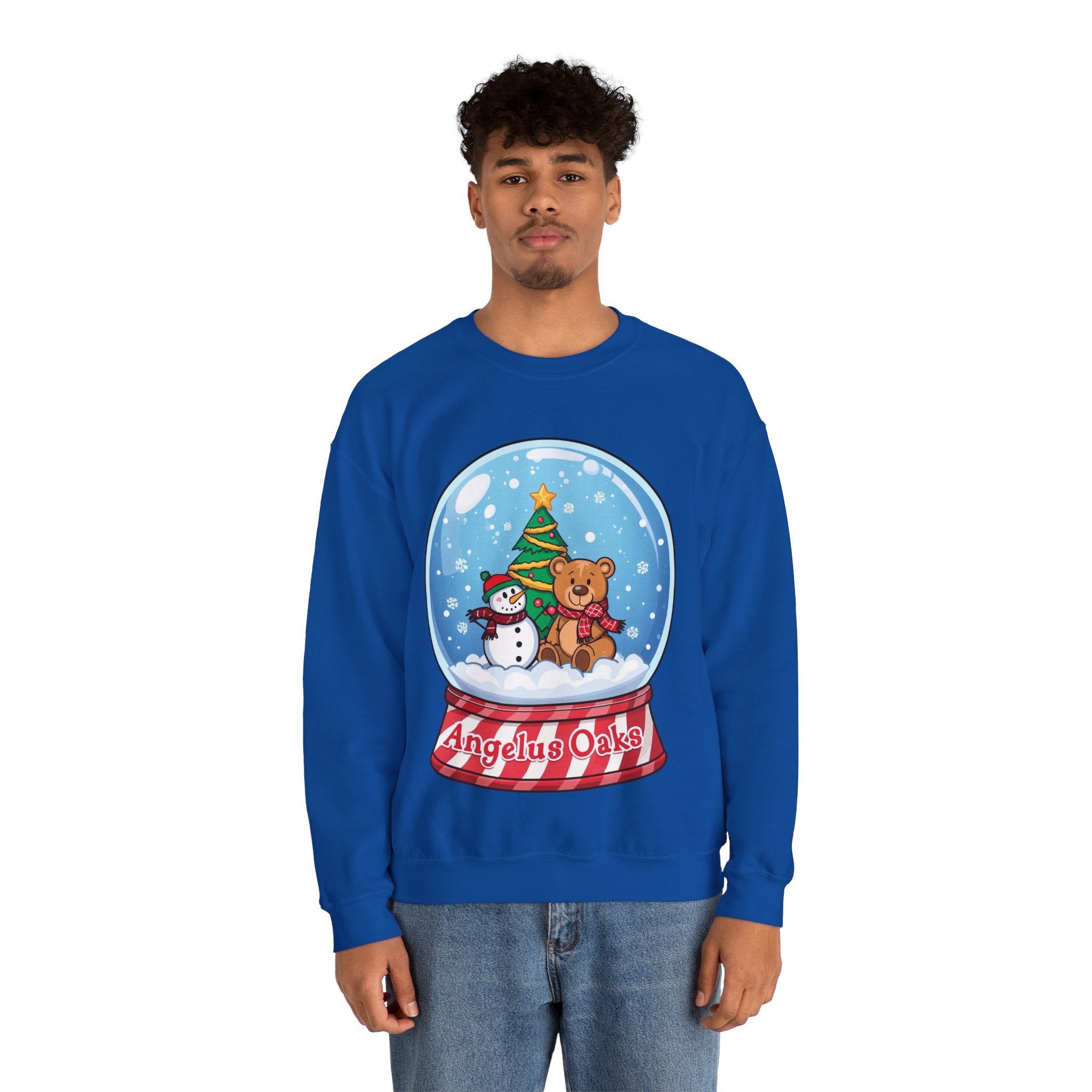 Angelus Oaks Christmas Sweatshirt – Snow Globe Bear & Snowman Crewneck | Cozy Mountain Town Holiday Sweater | Gildan 18000