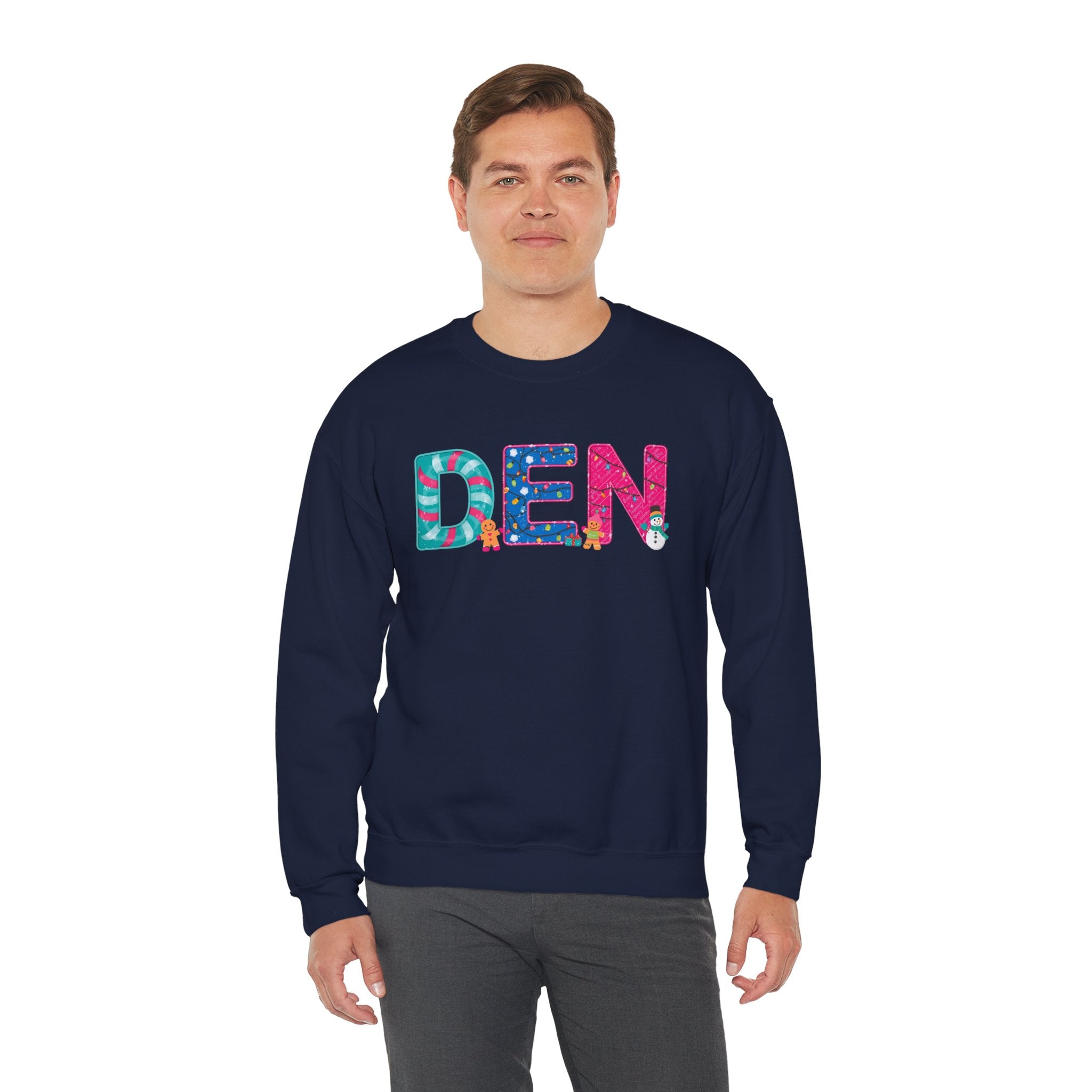 DEN Christmas Sweatshirt – Festive Holiday Letter Art Tee | Christmas Gift | Gildan 18000