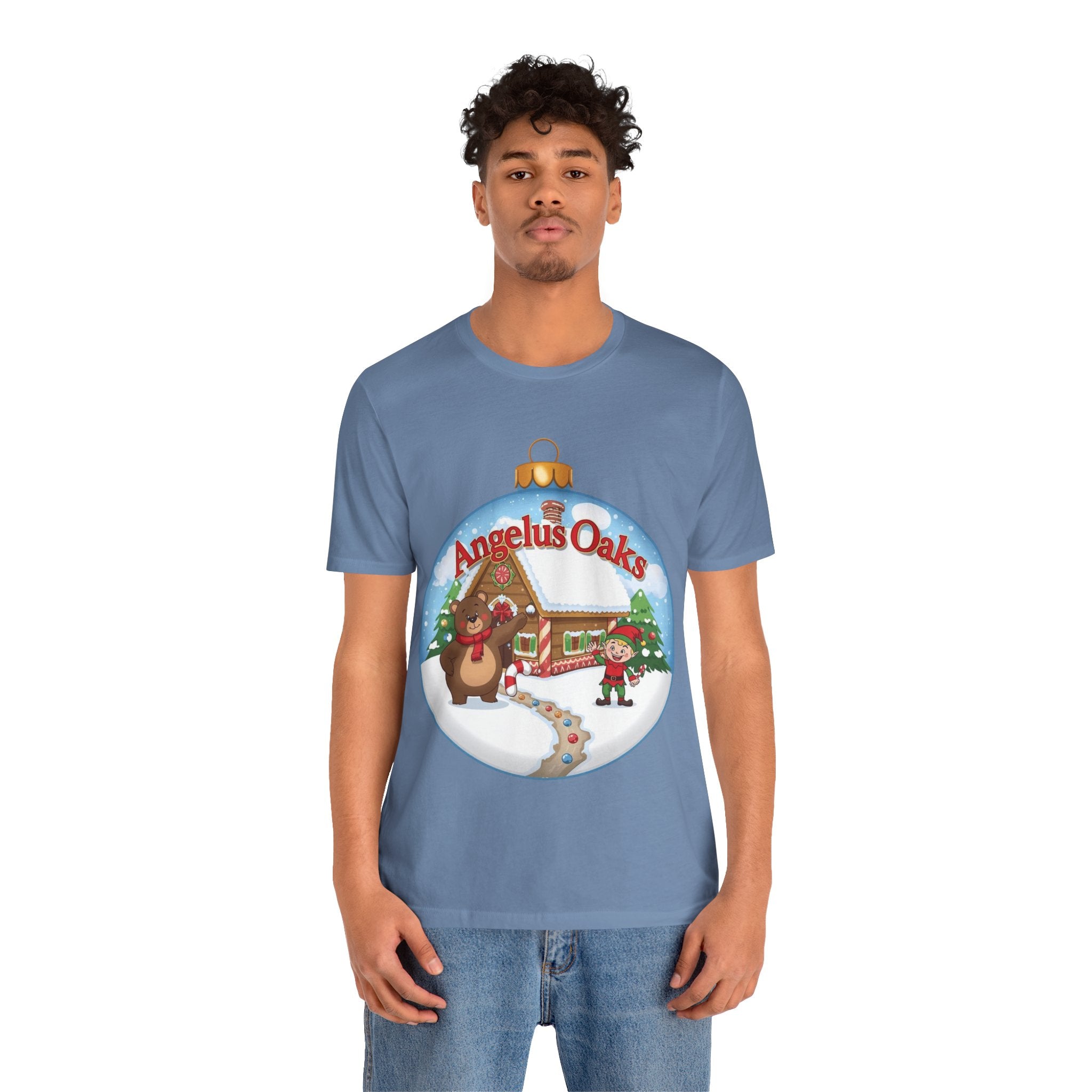 Angelus Oaks Christmas Shirt – Bear & Elf Gingerbread Holiday Tee | Cute Mountain Town Christmas Shirt | Bella Canvas 3001
